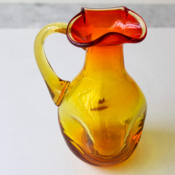 Art Glass Ewer Pitcher Ruffled Top Dimpled Sides