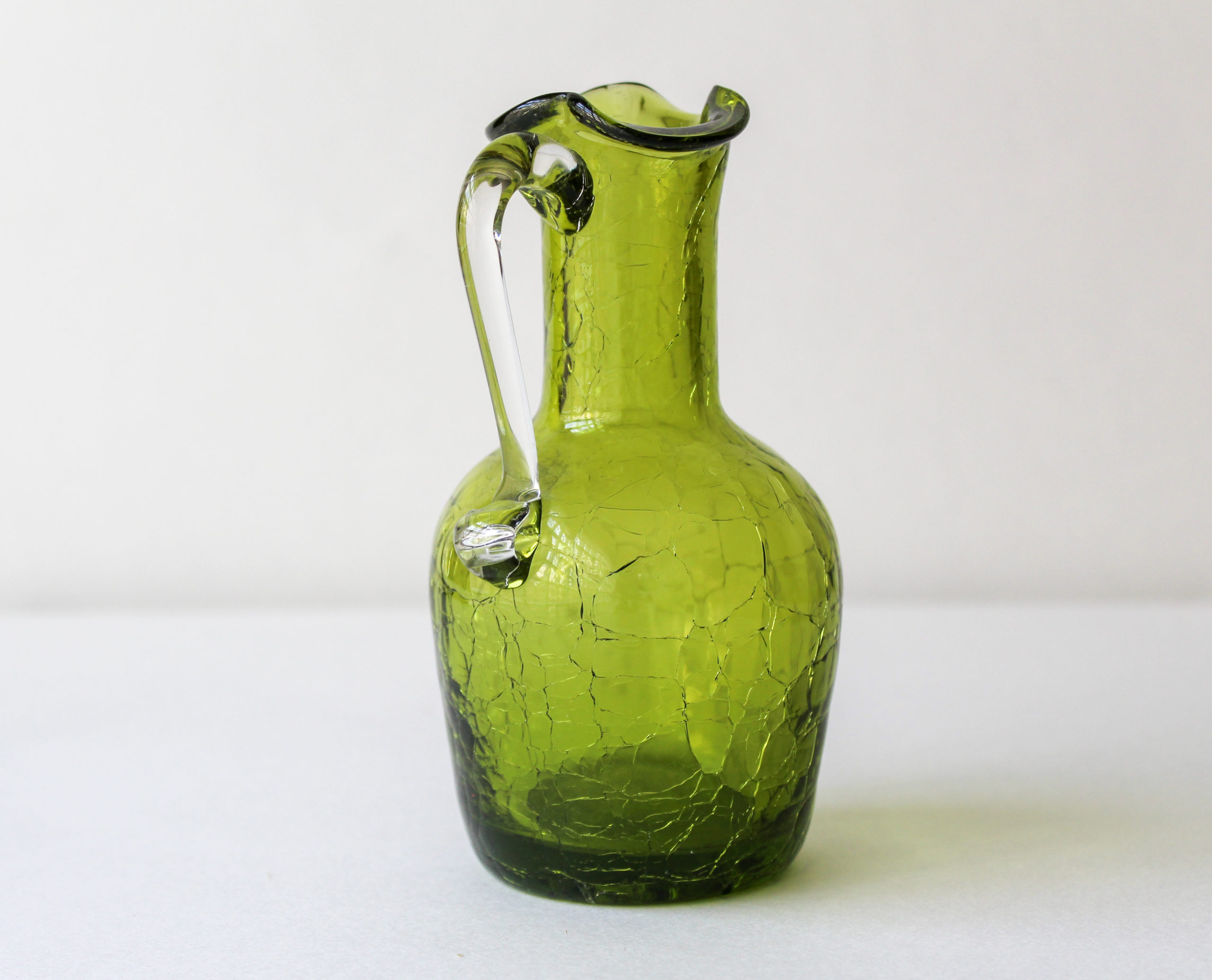 Art Glass Ewer / Pitcher Ruffled Olive Green Crackle Glass c. 1950's