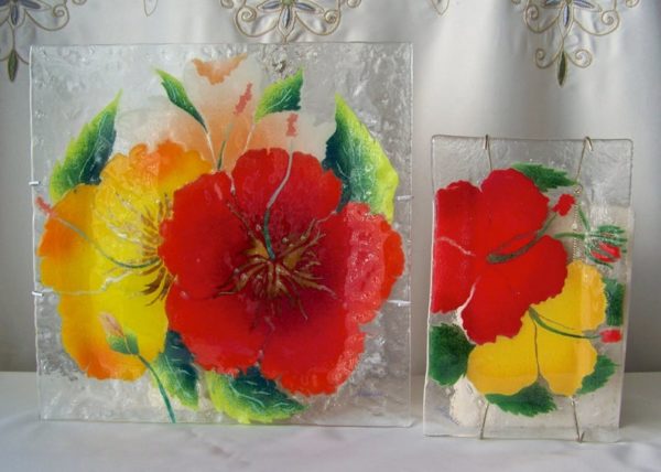 Hibiscus Hawaii Fusion Glass Red Yellow Orange