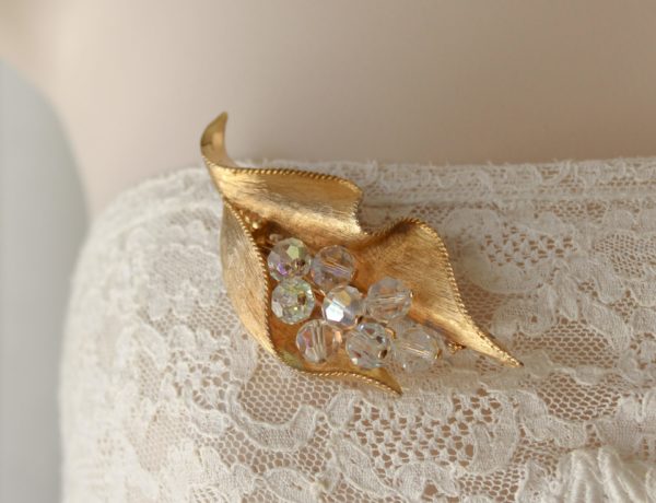 Vintage Crystal Leaf Brooch by Emmons