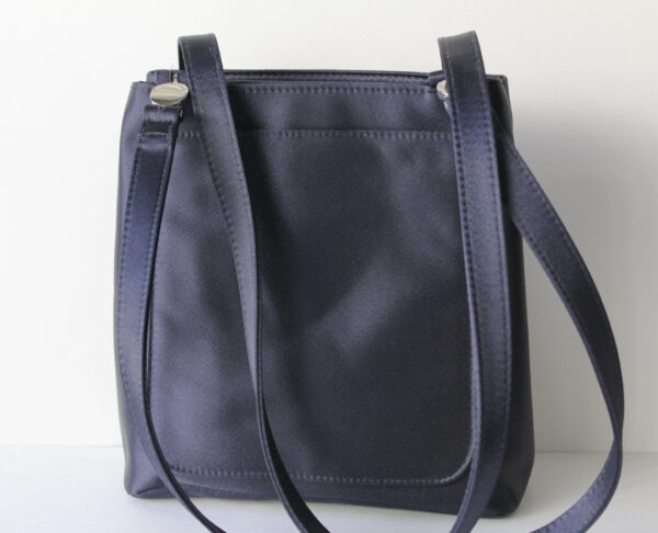 Navy Blue Satin Handbag by Apostrophe