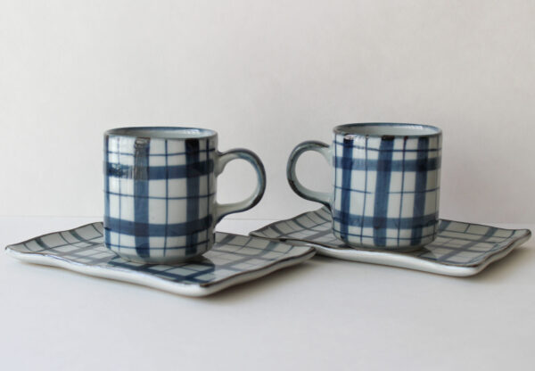 Cappuccino Cup and Saucer Set Blue Plaid
