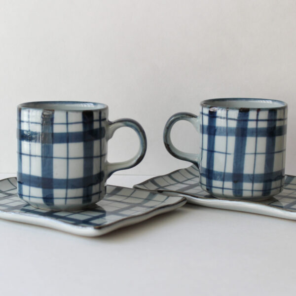 Cappuccino Cup and Saucer Set Blue Plaid