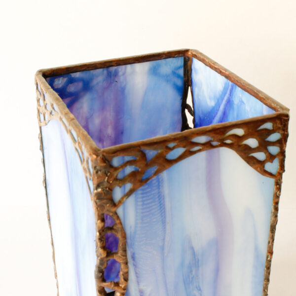 Slag Glass Candle Holder Copper Base and Lace Design Edges Signed