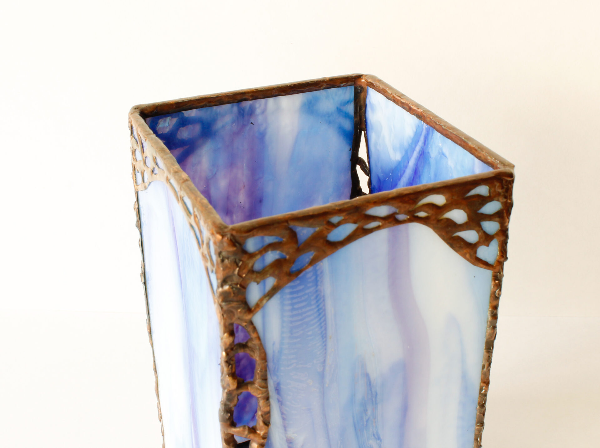 Slag Glass Candle Holder Copper Base and Lace Design Edges Signed