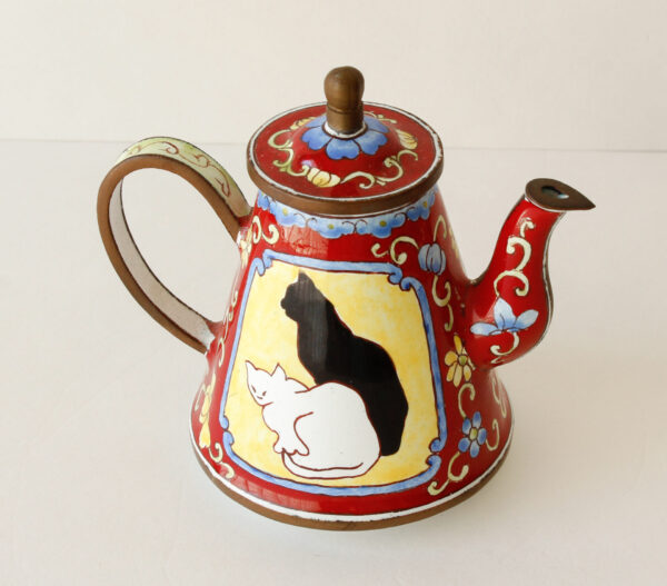 Miniature Enamel Teapot Two Cats Kelvin Chen