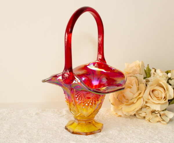 Vintage Footed Basket Amberina Carnival Glass Shell Starburst Pattern