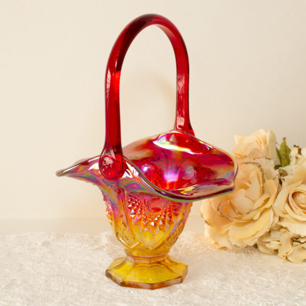 Vintage Footed Basket Amberina Carnival Glass Shell Starburst Pattern
