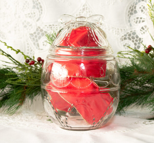 Glass Egg Shaped Cookie Jar Bow/Ribbon Handle Finale