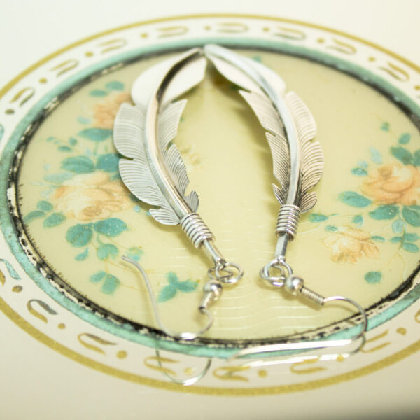 Sterling Feather Dangle Drop Earrings Signed