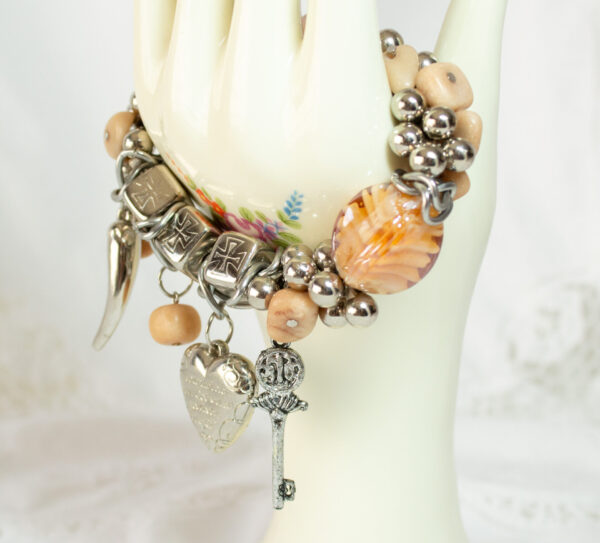 Chunky Stretch Bracelet Pink Glass Stones Love Theme Charms