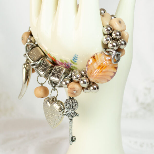 Chunky Stretch Bracelet Pink Glass Stones Love Theme Charms
