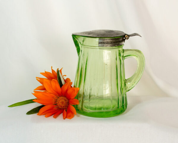Uranium Glass Syrup Pitcher With Tin Lid Dated 1916