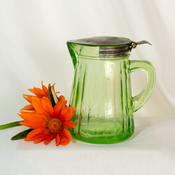 Uranium Glass Syrup Pitcher With Tin Lid Dated 1916