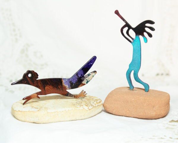 Southwest Metal Sculptures Roadrunner and Kokopelli Sandstone Base