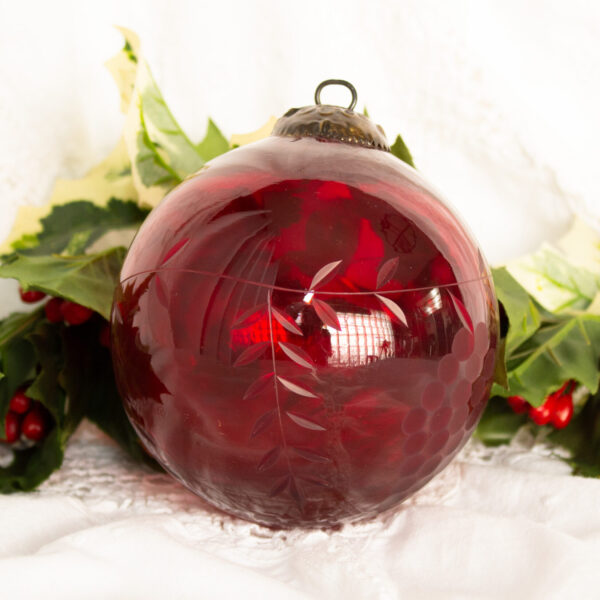 Cranberry Red Etched Glass Ornament
