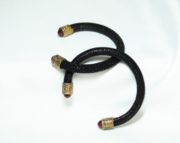 Black Designer Cuff Bracelet Ruby Red Gemstone Ends