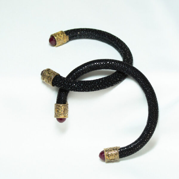 Black Designer Cuff Bracelet Ruby Red Gemstone Ends