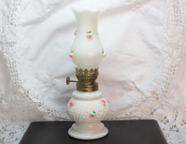 Milk Glass Miniature Oil Lamp Pink Porcelain Rose Buds