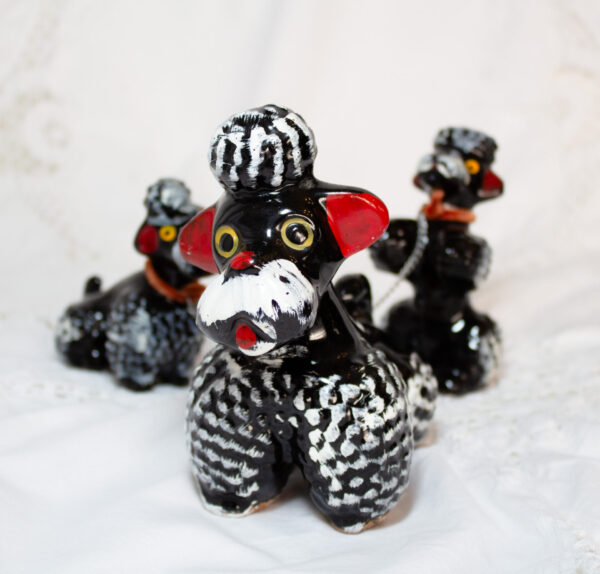 Vintage Black Poodle Figurine With Pups On Chain Redware 1950s