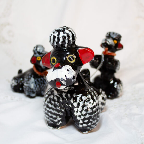 Vintage Black Poodle Figurine With Pups On Chain Redware 1950s