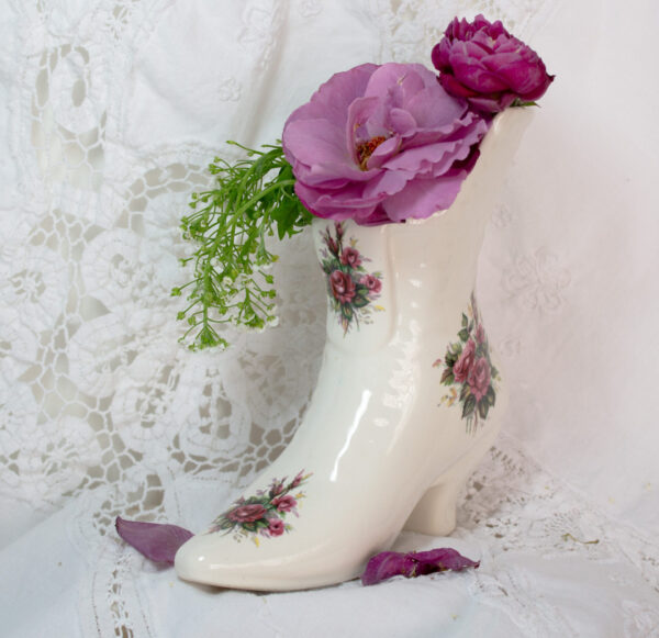 Victorian Ceramic Boot Vase With Pink Roses