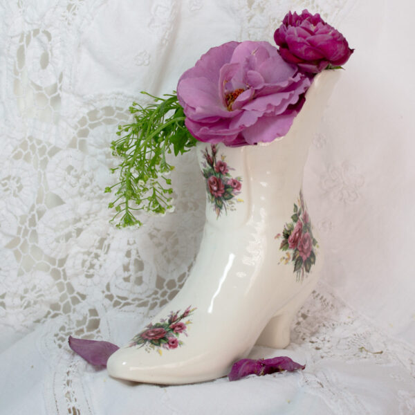 Victorian Ceramic Boot Vase With Pink Roses