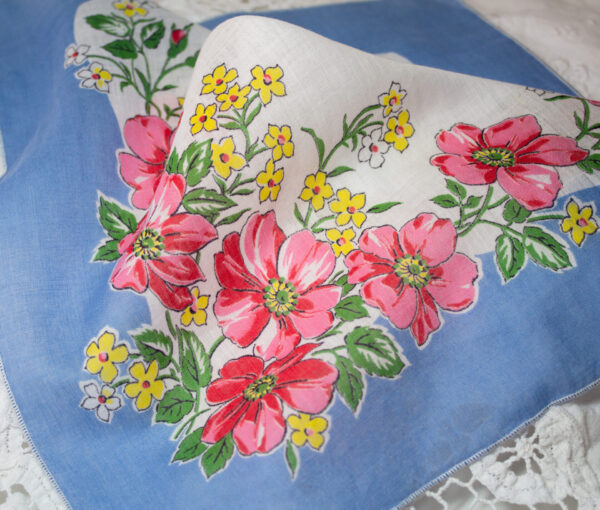 Ladies Handkerchief Blue With Pink Flowers