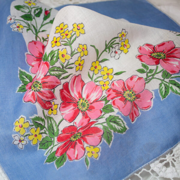 Ladies Handkerchief Blue With Pink Flowers