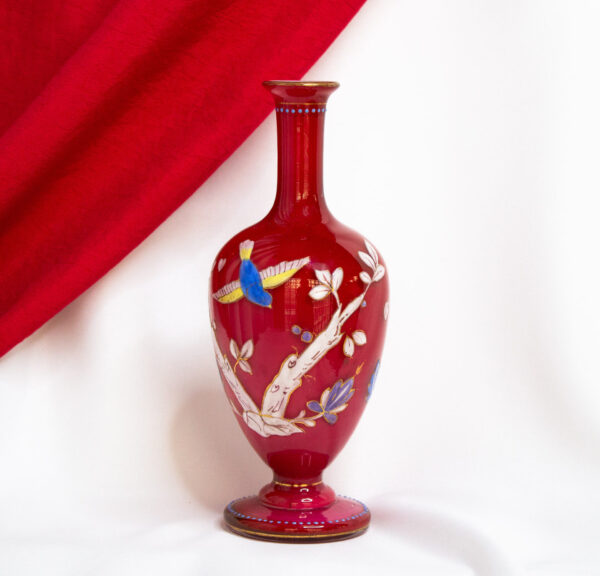 Red Glass Vase With Branches and Birds
