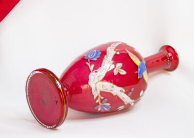 Red Glass Vase With Branches and Birds