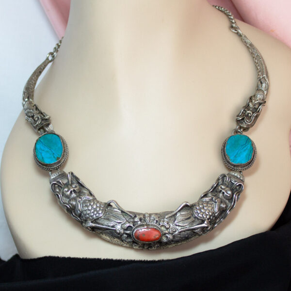 Tibetan Silver Dragon Necklace With Turquoise And Jade Gemstones