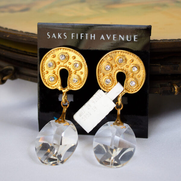 Vintage Crystal Dangle Earrings On Card From Saks Fifth Avenue