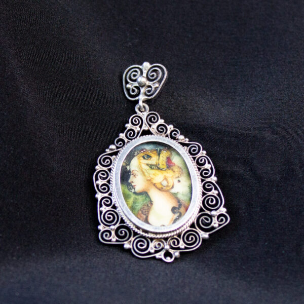 Vintage Silver Filigree Pendant With Miniature Painting
