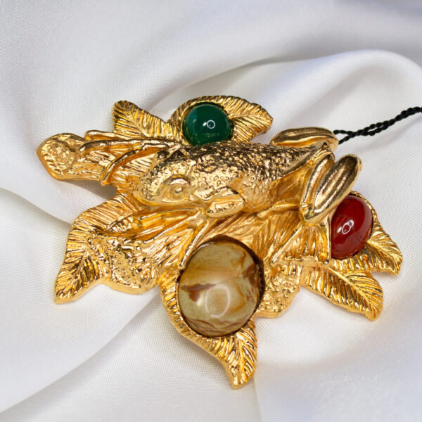 Vintage 24K Gold Plate Frog Pin With Gemstones