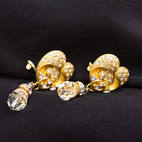 Vintage Gold Plate Heart Crystal Earrings, Clip-Ons