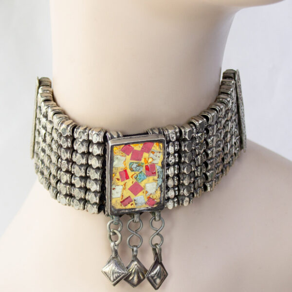 Vintage Afghani Choker Necklace With Mosaic Style Pendant
