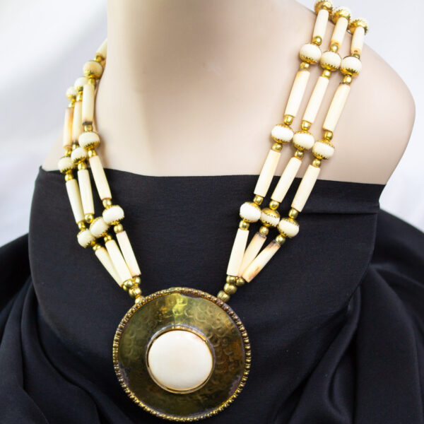 Vintage Brass Statement Necklace With Bone Beads