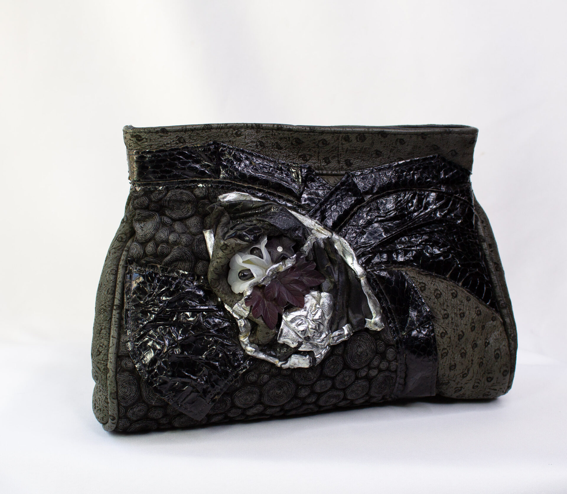 Vintage Black Leather Clutch Crossbody Handbag By Novita Knishay