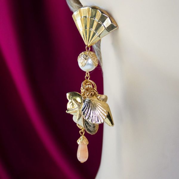 Vintage Seashell Gemstone Dangle Post Earrings